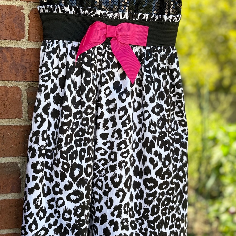American Princess Black Sequin & Leopard Print Party Dress with Pink Bow